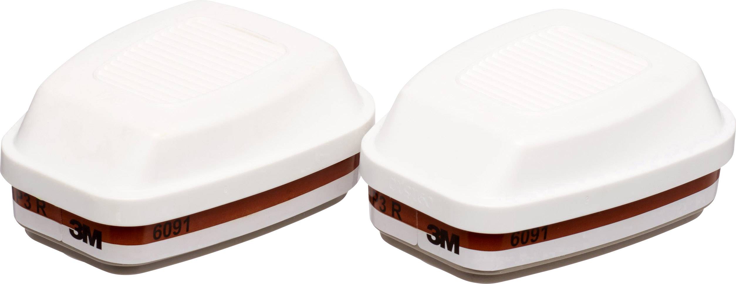 Two white filter cartridges with brown bands, each marked with '3M'. They serve as protective devices, likely for respiratory masks.
