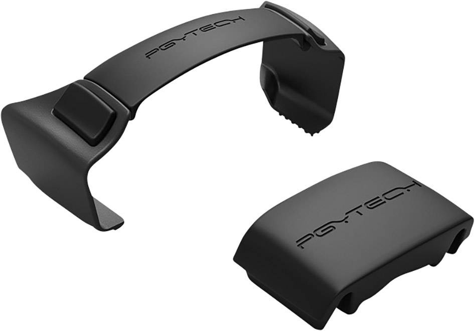 Black, curved accessory part with 'PGYTECH' inscription, presumably a holder or grip, with a removable cap.