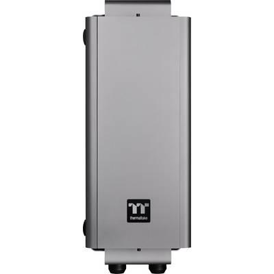 A silver-coloured Thermaltake computer case, rectangular and modern in design, with visible logo at the bottom.