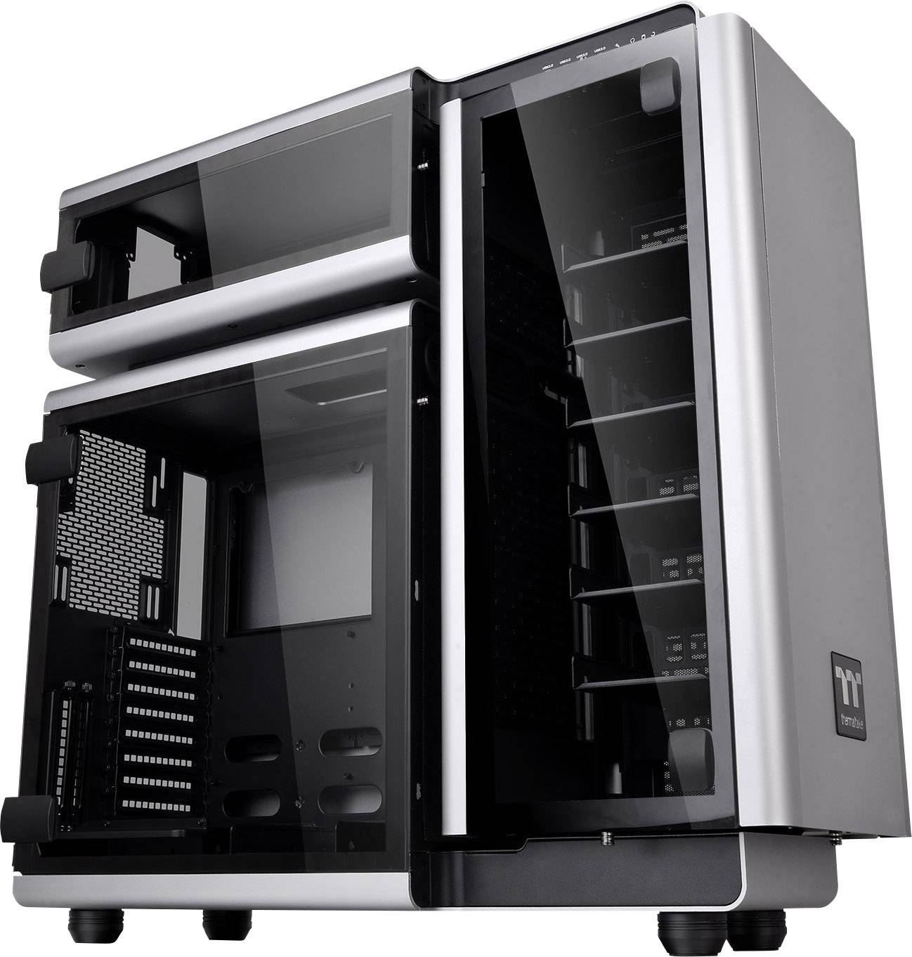 A computer case with two separate compartments, transparent side panels, and multiple slots for hardware components.