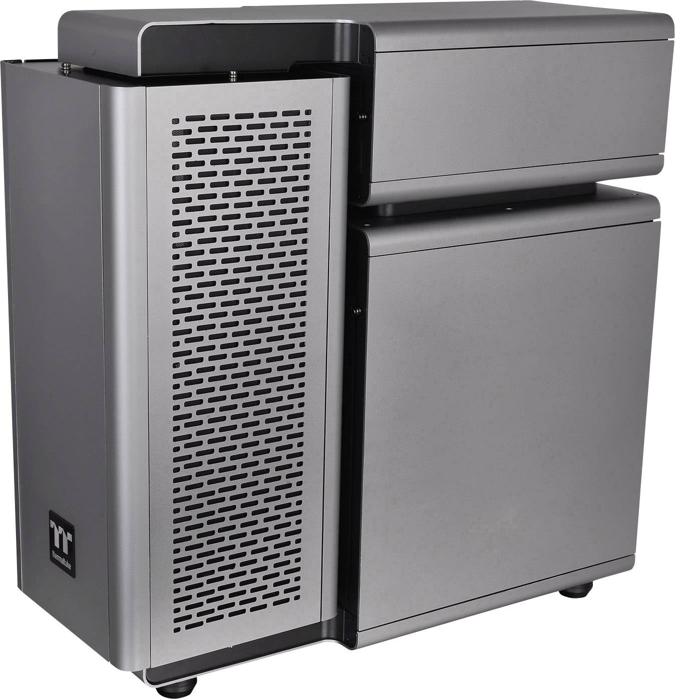A silver, rectangular computer case with ventilation slots on the left side and a brand logo at the bottom left.