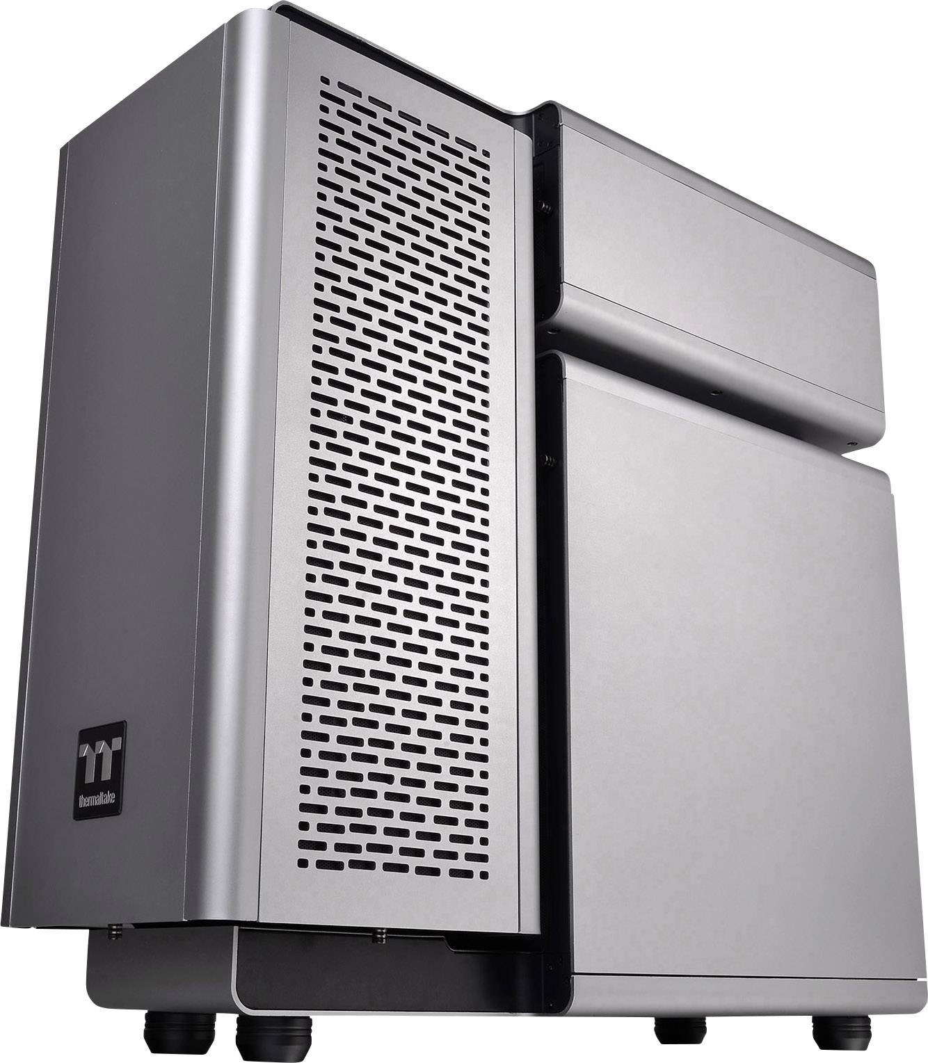 Silver computer case with ventilation slots on the left side and a distinctive, structured design.