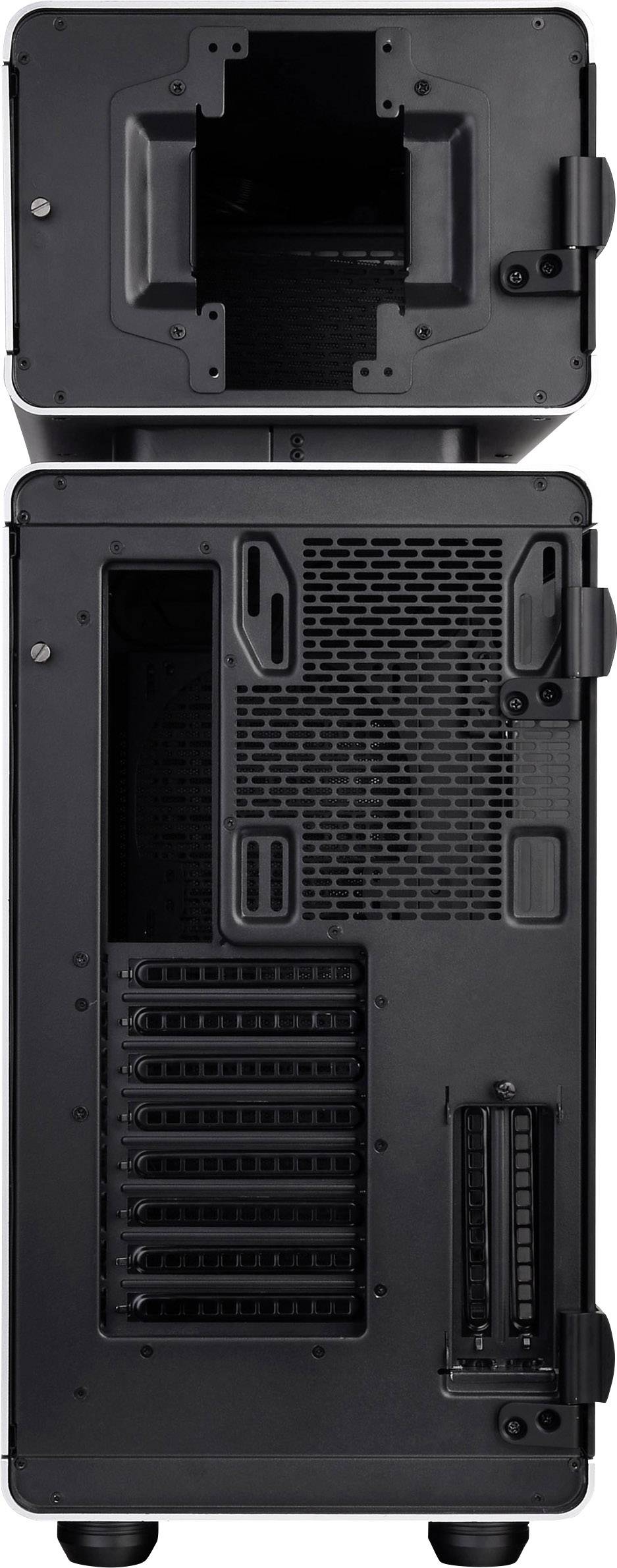 A black computer case with ventilation slots, multiple expansion slots, and case openings, shown from the rear.