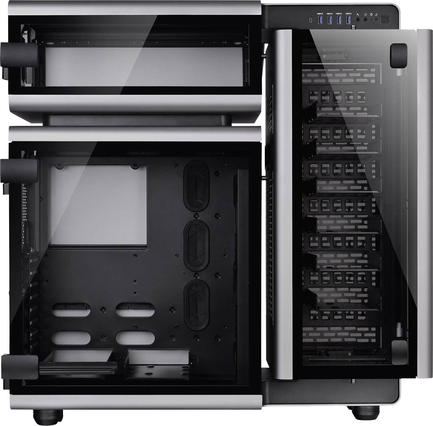 An open computer case reveals internal bays for drives and a motherboard, with visible ventilation openings and USB ports on the top.