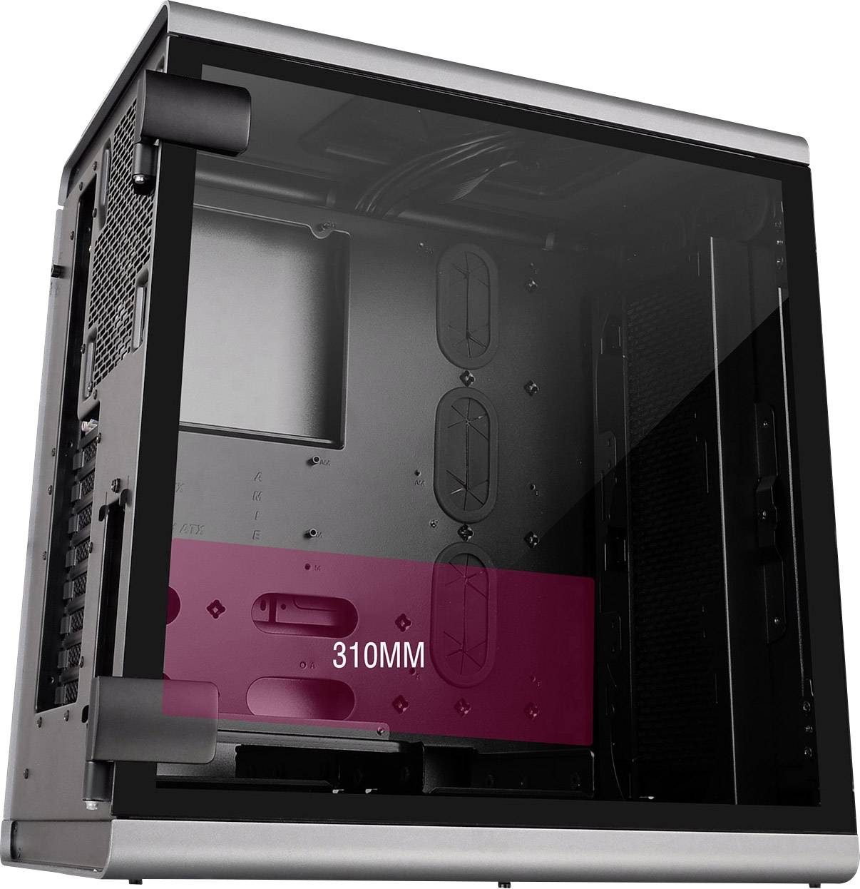 PC case with transparent side panel shows internal view. A marked area within the case measures 310 mm.