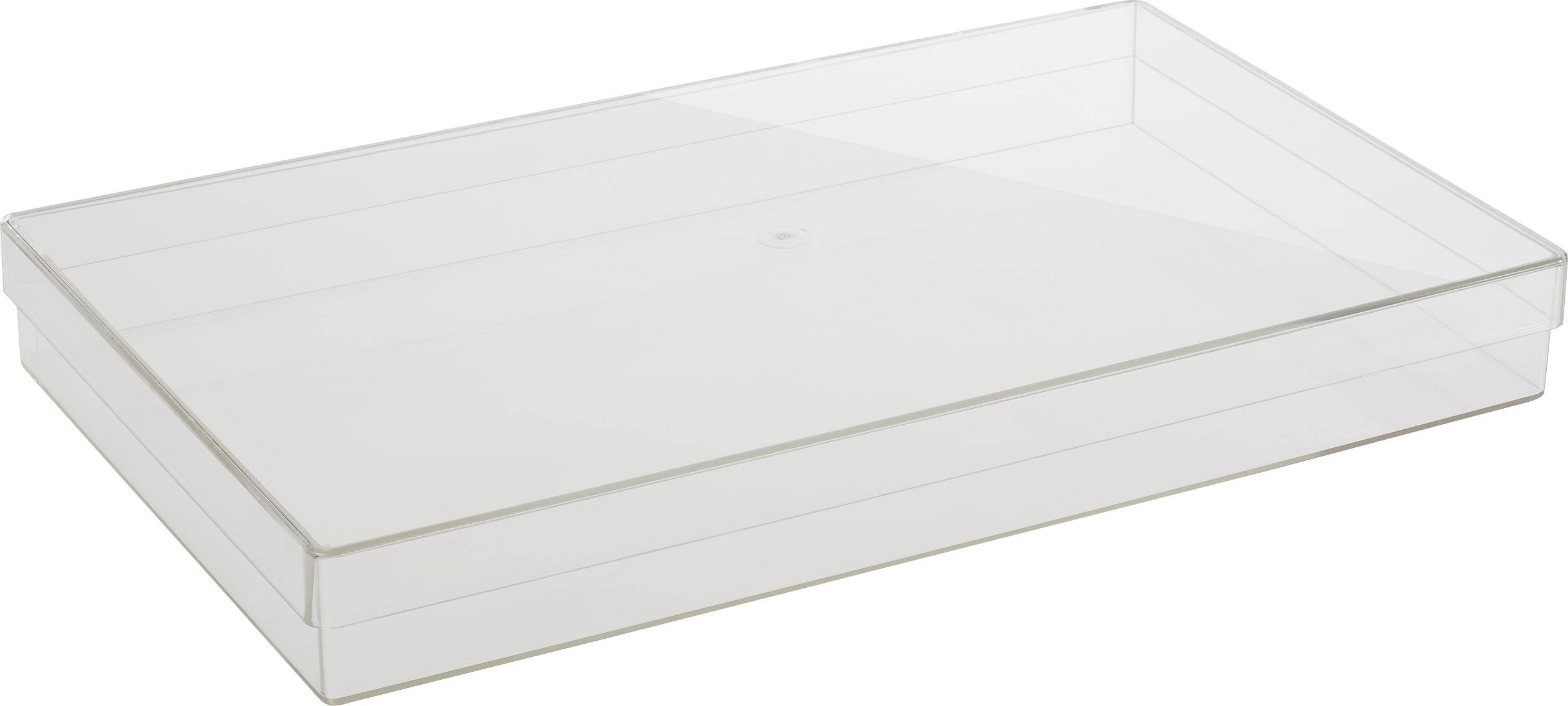 Transparent rectangular plastic box with a flat lid, perfect for storing small items.