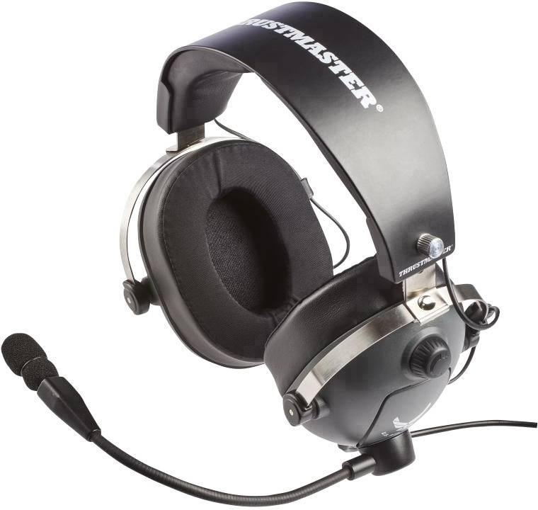 Black gaming headset with microphone on the boom, company branding, and padded ear cups, suitable for computer games.