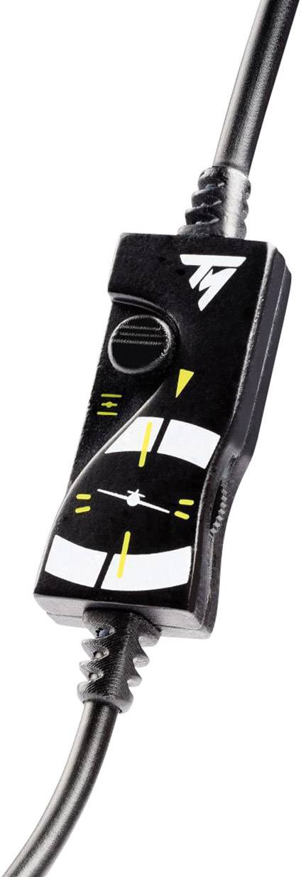 A black cable switch with yellow and white markings, a rotary dial, and a button, connected to a cable.