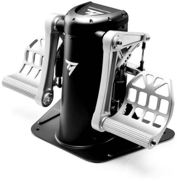 A black, metallic rudder pedal system with adjustable pedals, suitable for flight simulators, mounted on a stable base.