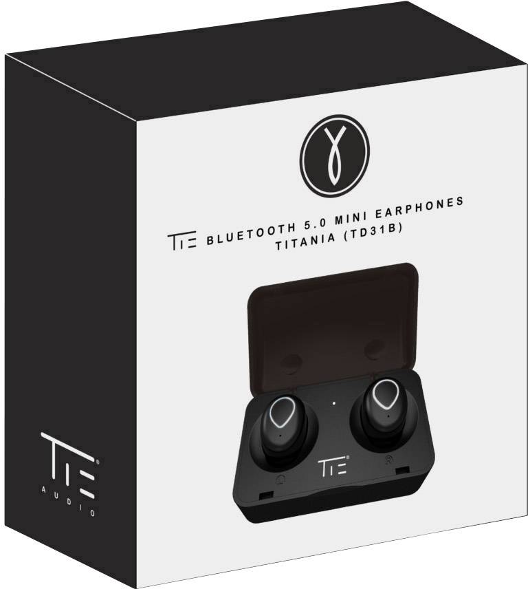 Packaging for black Bluetooth 5.0 Mini Earbuds 'Titania (TD31B)' by TE Audio, with earbuds shown in an open charging case.