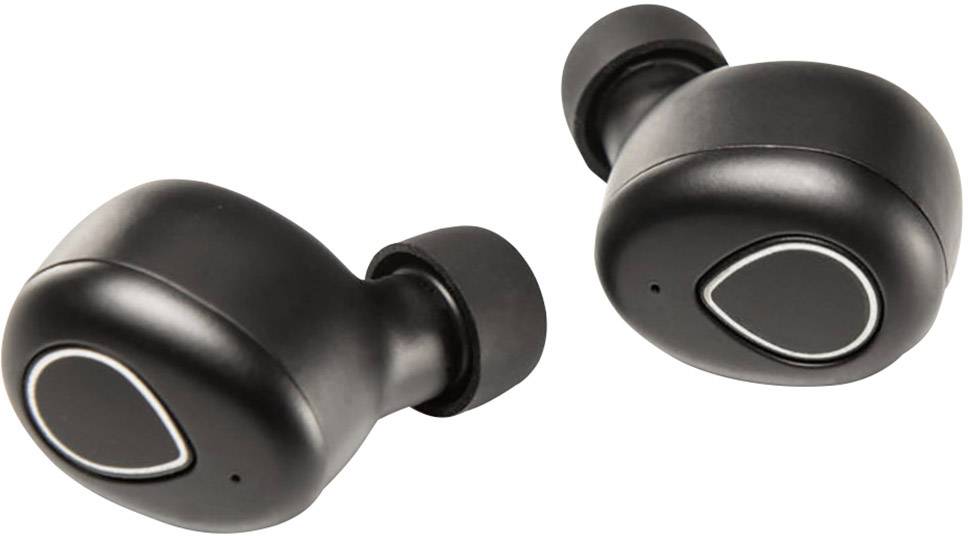 Black wireless earbuds with an ergonomic design, suitable for comfortable use on the go or during sports.