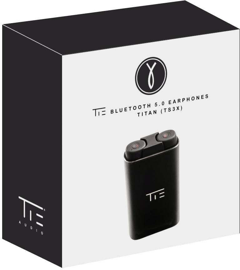 Packaging for a Bluetooth 5.0 in-ear headphones. Depicted in black with logo 'TE'. Model name at the bottom: 'Titan (TS3X)'.