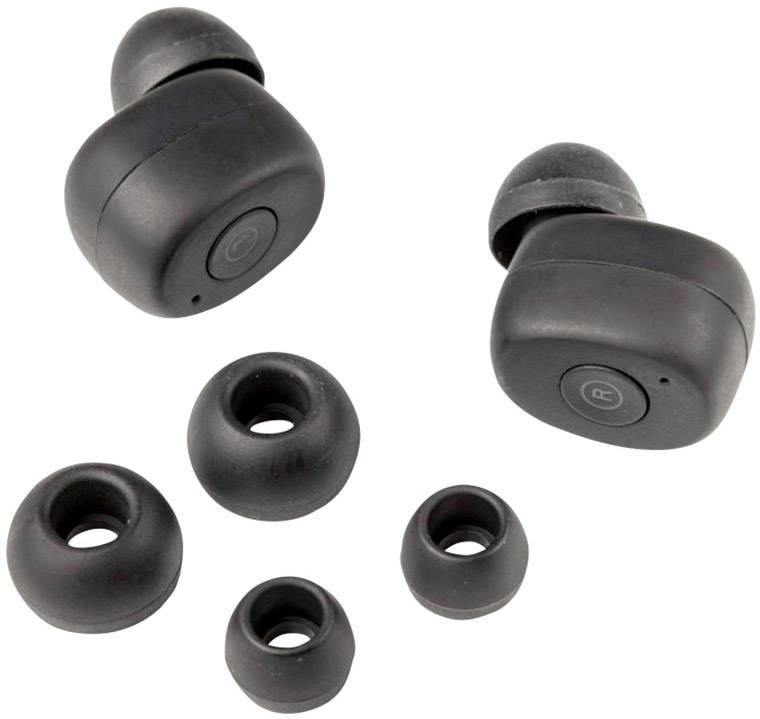Wireless black earbuds with detachable ear tips in multiple sizes. Suitable for music and calls while on the move.