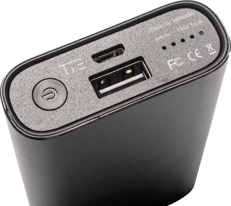 Black power bank with USB and Micro-USB ports, power switch, LED indicator, and certification marks.