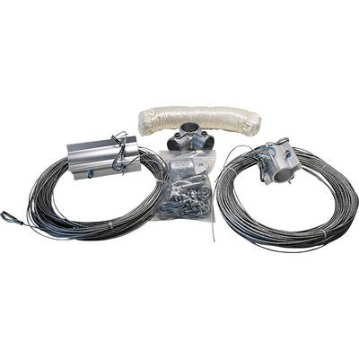 Kit for a two-line tension clothes airer with metal brackets, hooks, and screws. Ideal for outdoor installation.