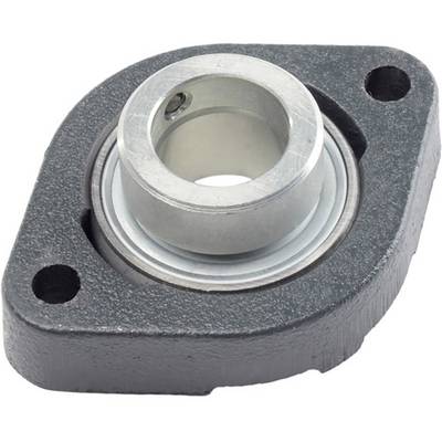 'Metal bearing housing with an opening in the centre, used for securing and stabilising rotating components.'