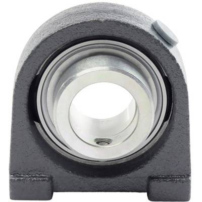 A metal bearing housing with a cylindrical hole in the centre to support shafts and reduce frictional movement.