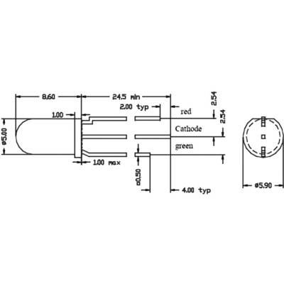 Technical drawing of a two-colour LED with dimensions in millimetres, showing front and side views, including cathode marking.