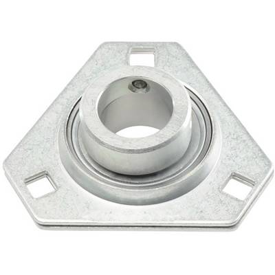 Triangular metal bearing flange plate with three screw holes and a circular bearing in the centre, an industrial machine component.