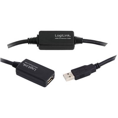 'USB 2.0 extension cable by LogiLink, Black. Above: Cable with labelling. Below: Close-up of USB plug and socket.'