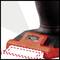 A black vacuum cleaner attachment with a red rim is cleaning a surface. Marked lines indicate the cleaning area.