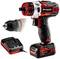 Cordless Drill Set in Red and Black with Charger and Additional Drill Head. 12V Lithium-Ion Battery in the Foreground.