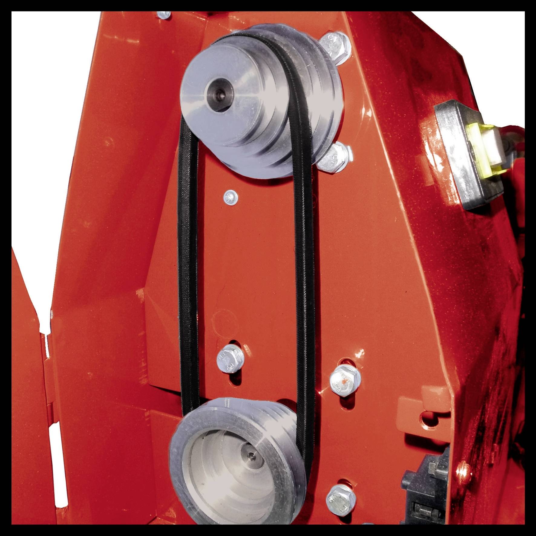 Red steel frame with two pulleys and a black V-belt, part of a machine or device.