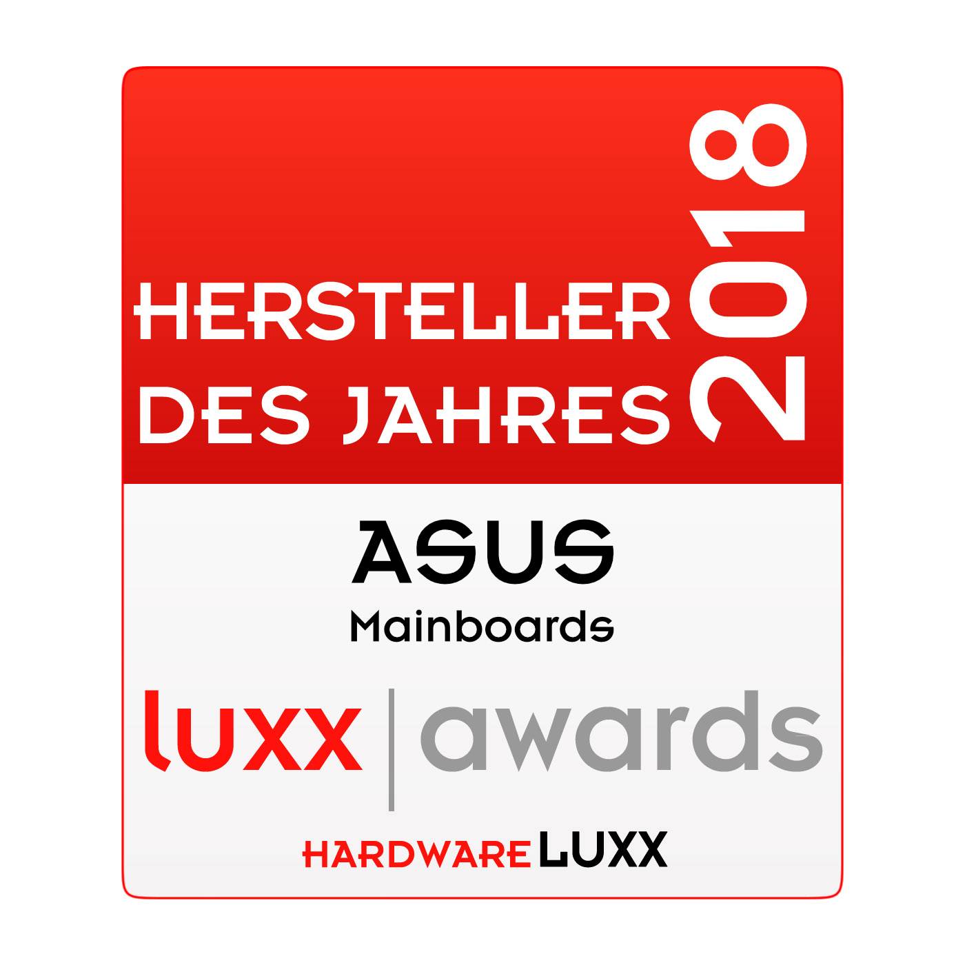 'Manufacturer of the Year 2018' Award Logo for ASUS Motherboards by HardwareLuxx.