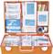 Orange first aid kit, opened, with various dressing materials, plasters and cold compresses, arranged in compartments.
