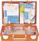 An open first aid kit with dressings, cooling spray and sports gel in an orange plastic container.