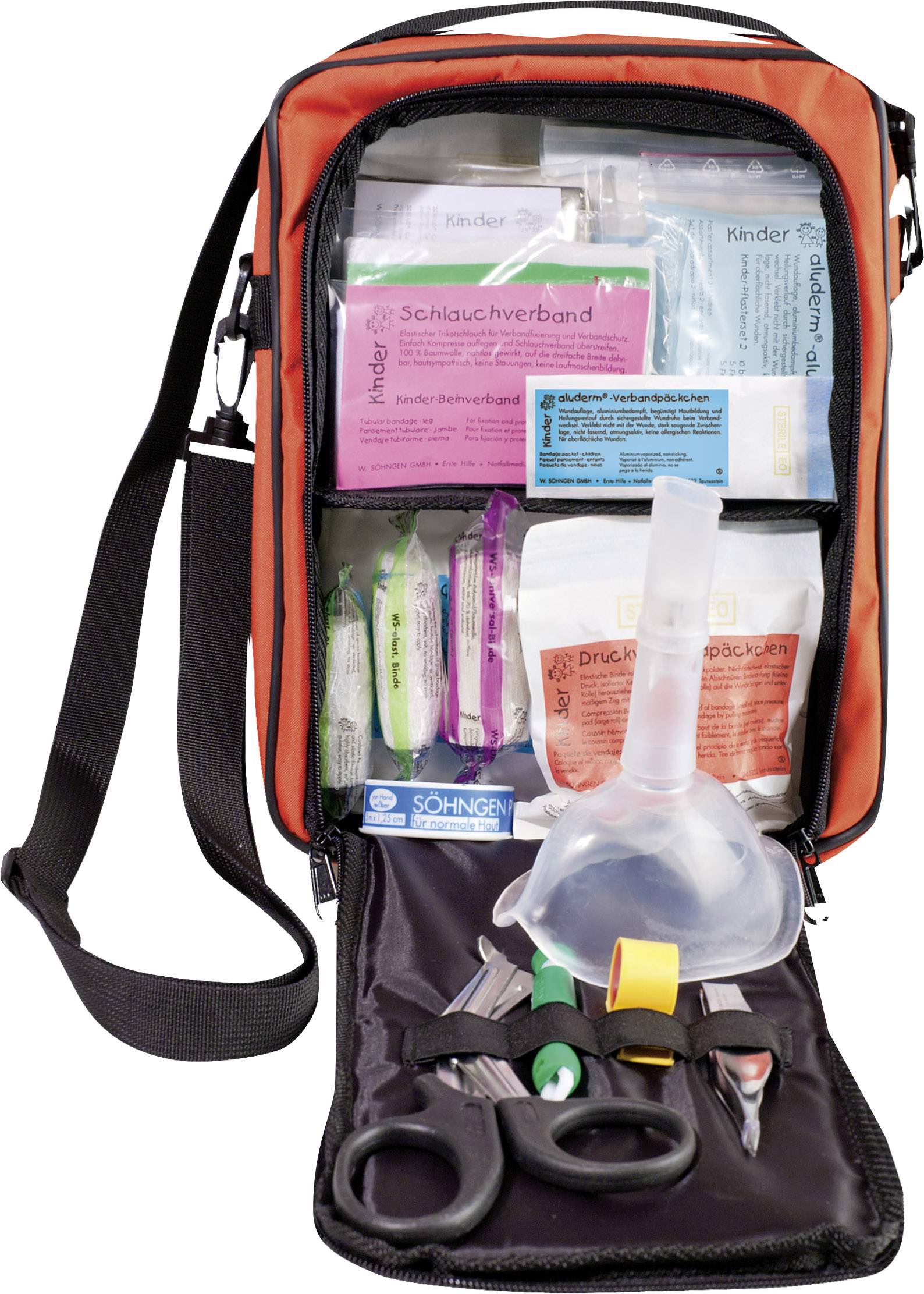 A first aid kit with bandages, scissors, resuscitation mask and other medical equipment, in an orange bag.