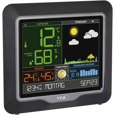 Digital weather display shows: Outdoor 12°C, 68% humidity; Indoor 24.5°C, 45%. Weather forecast: Sunny. Lunar phase and air pressure trend. Date: 5th September.