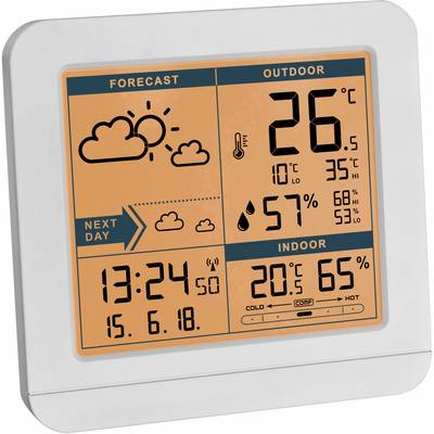 Weather station with forecast clouds, 26°C outdoor temperature, 57% humidity, 20°C indoor temperature, 65% humidity. Time: 13:24.