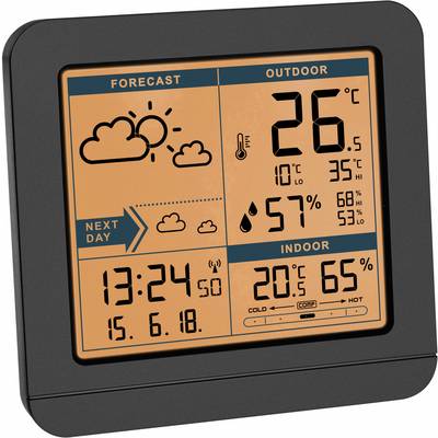The image shows a digital weather display. On the left: Weather forecast with sun and clouds for the next day. Top right: Outdoor temperature 26°C, bottom right: Indoor temperature 20°C.
