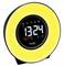 Alarm clock with yellow LED light on a black and grey background. Displays 13:24, with 'Monday, 31.12' visible on the display.