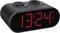 A black digital alarm clock with red LED digits displays the time '13:24'. Two rotary knobs for adjustments are located at the top.