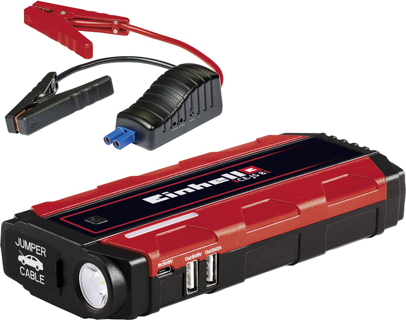 A red and black vehicle jump starter with clamps and USB ports. Suitable for starting vehicle batteries.