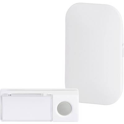 A white wireless doorbell receiver with a rectangular transmitter and circular button, displayed against a white background.
