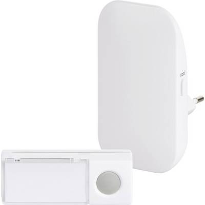 Two white electronic devices: a plug-in receiver for a power socket and a wireless doorbell with a rectangular housing and a round button.