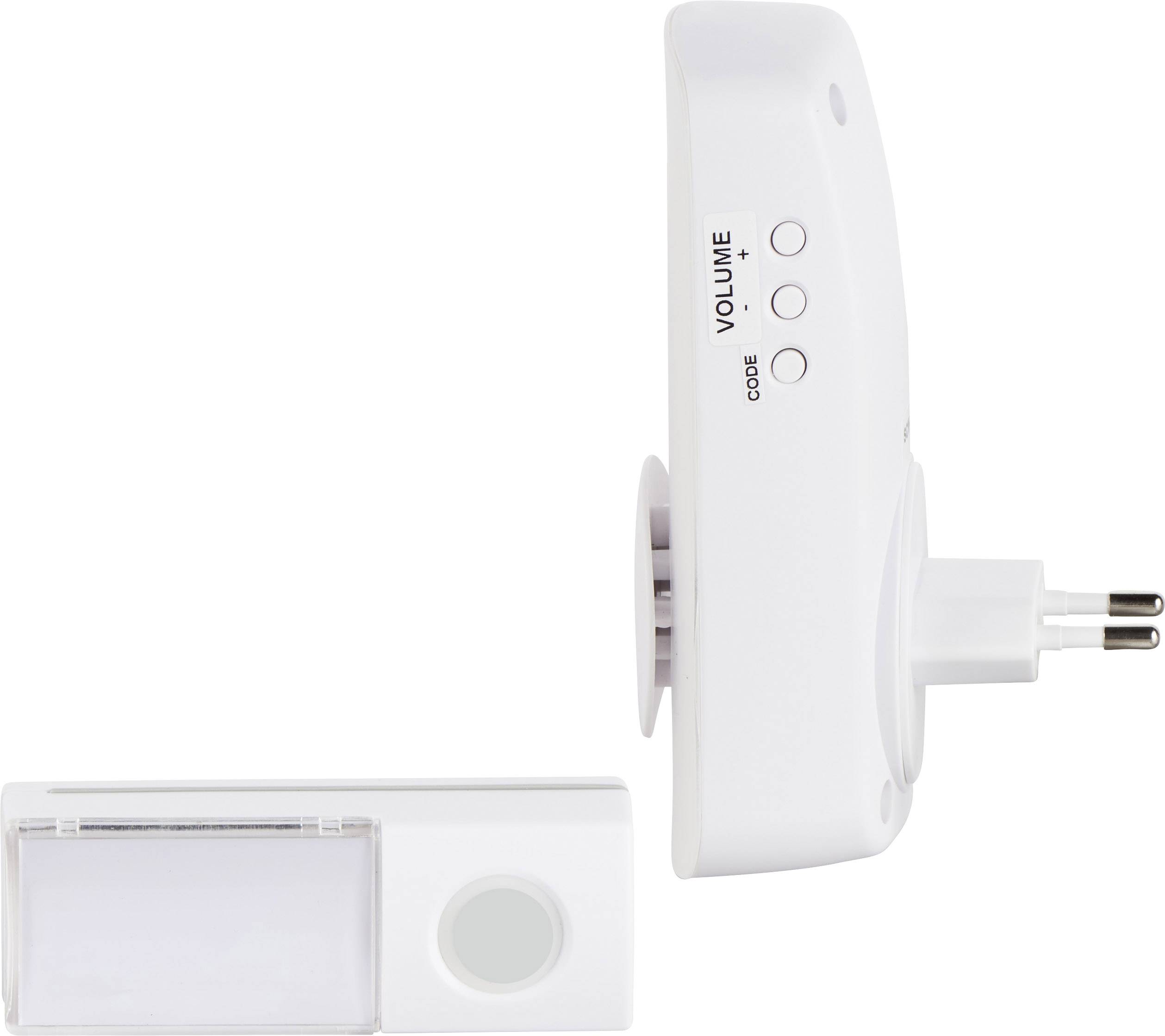A white wireless doorbell receiver with three buttons for volume control and coding, alongside a matching transmitter with a pressable button.