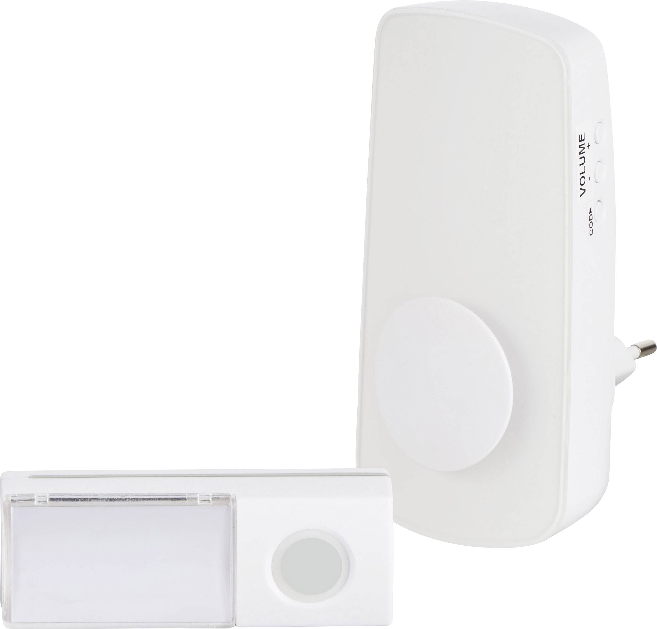 Wireless Doorbell Set with Transmitter and Receiver; white, modern design. The receiver has volume control and plug connection.