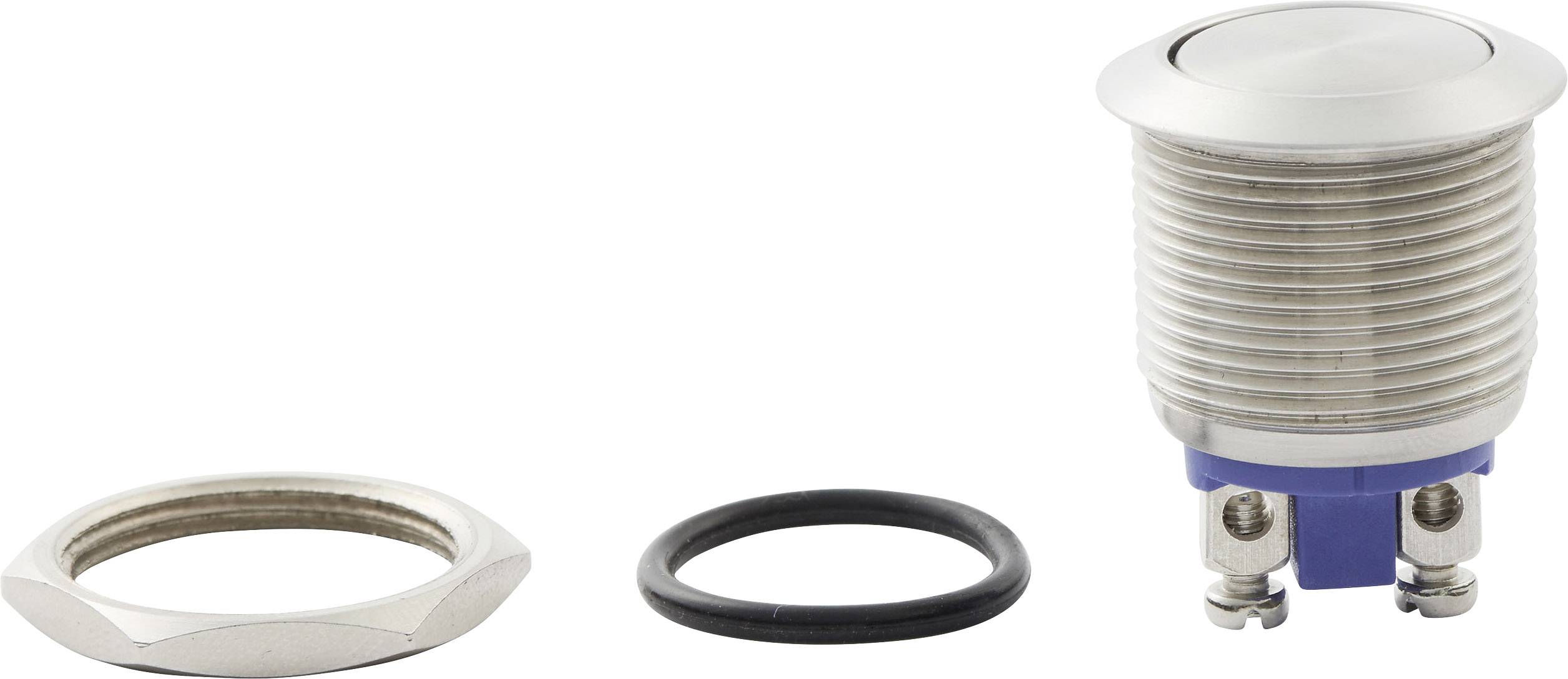 A round, silver press button with a thread, next to a hexagonal nut and a black rubber ring, against a white background.