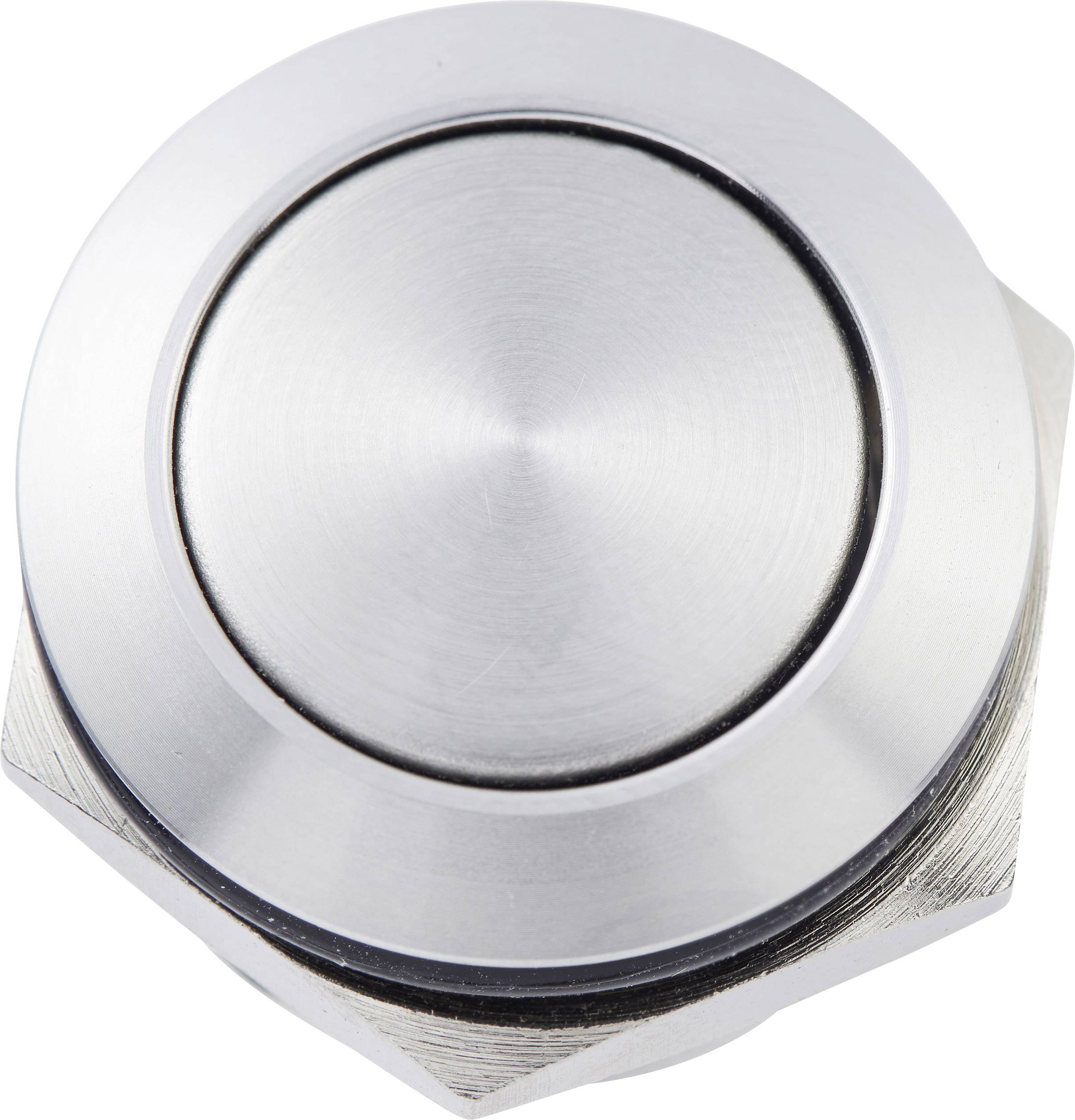 A round, silver stainless steel switch with a flat profile and rounded edges.