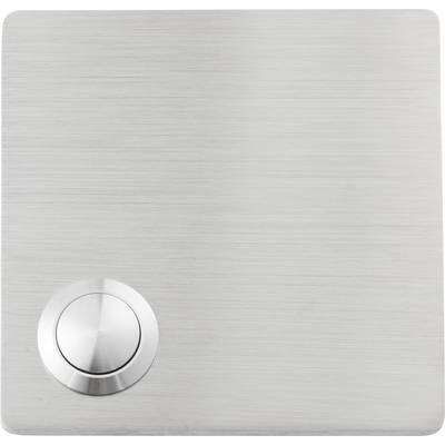 A square, silver, brushed stainless steel switch with a round push button located bottom left.