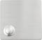 A square, silver, brushed stainless steel switch with a round push button located bottom left.