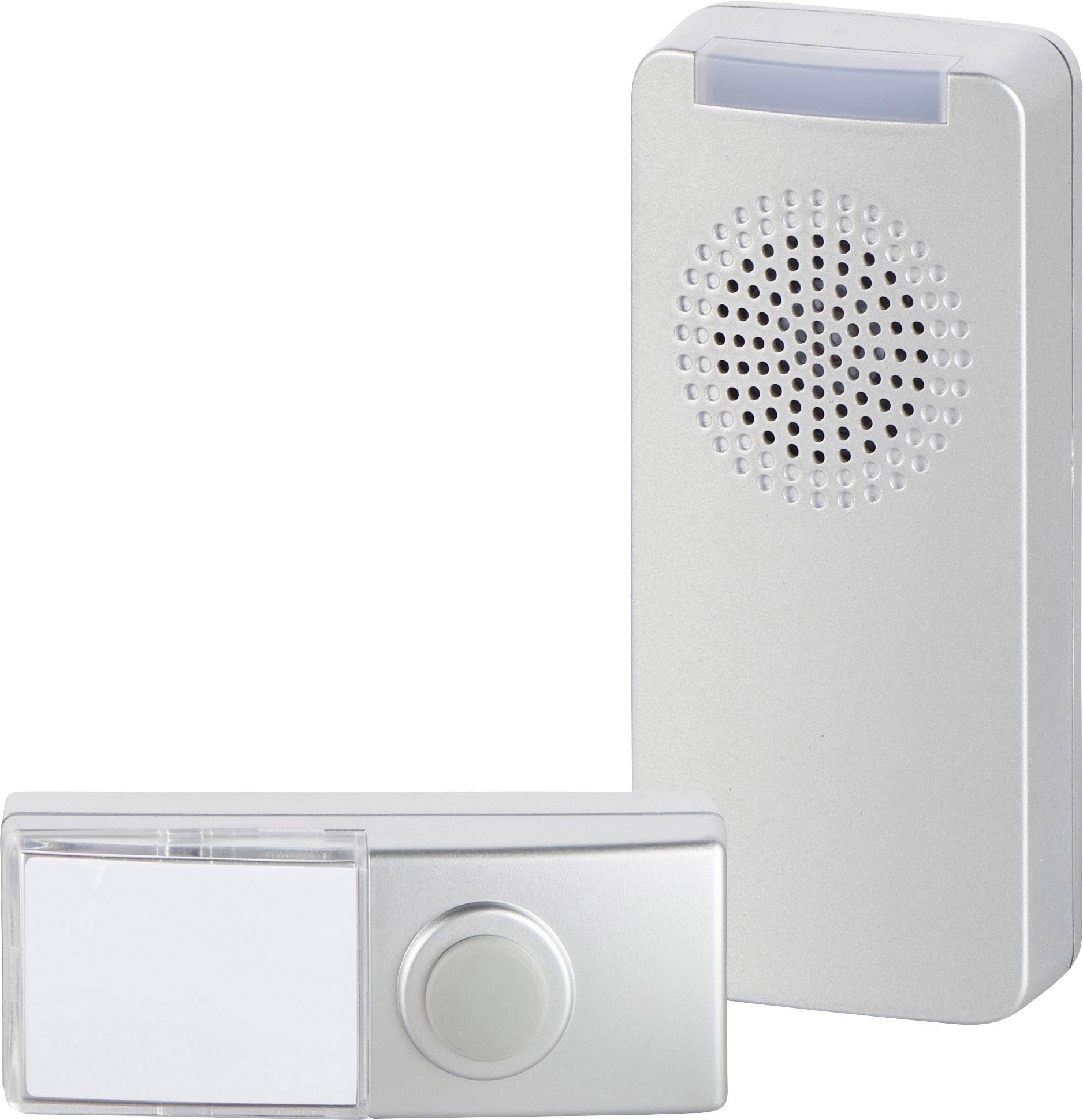 Wireless door intercom system with silver speaker and separate button.
