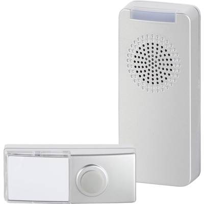 Wireless door intercom system with silver speaker and separate button.