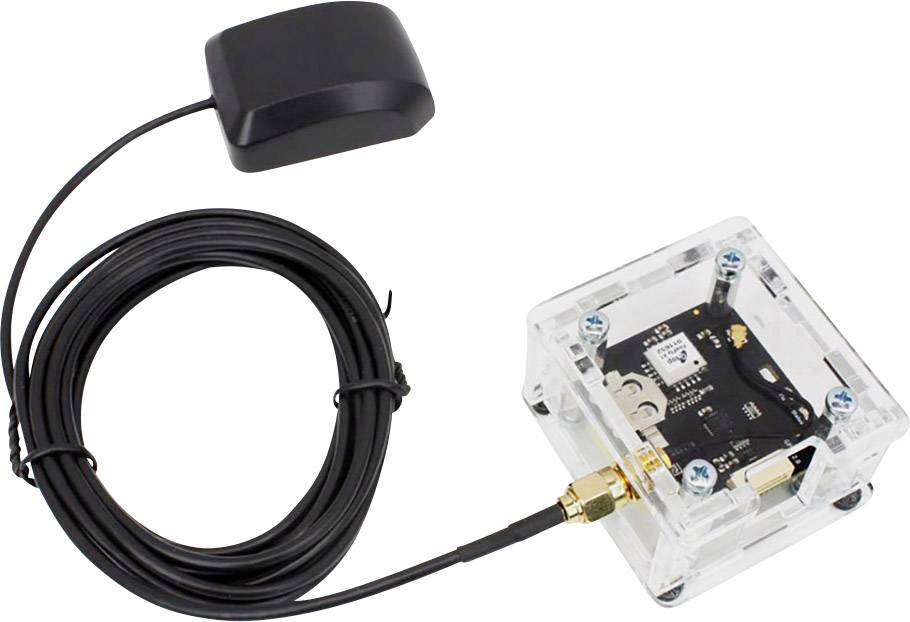 A transparent housing container with electronic components, connected to a long black cable that terminates in a rectangular device.