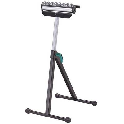 Sturdy metal stand with adjustable roller track to support cutting or assembling long workpieces.