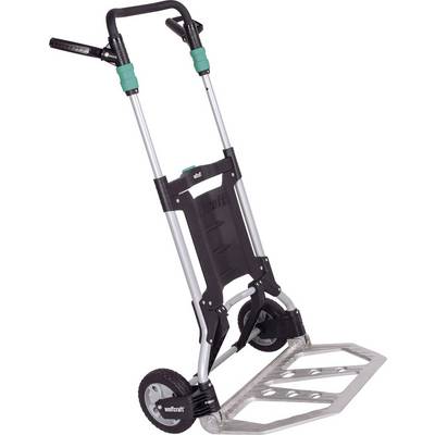 A folding sack trolley with two wheels and an extendable handle. Ideal for moving heavy items across flat surfaces.
